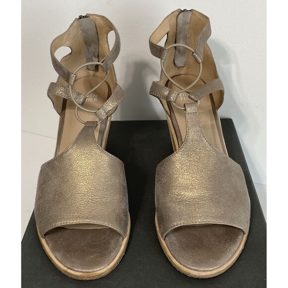 Eileen Fisher Sandals Womens US 9.5 Lou Platinum Metallic Suede Block Heel Coast - Picture 6 of 15